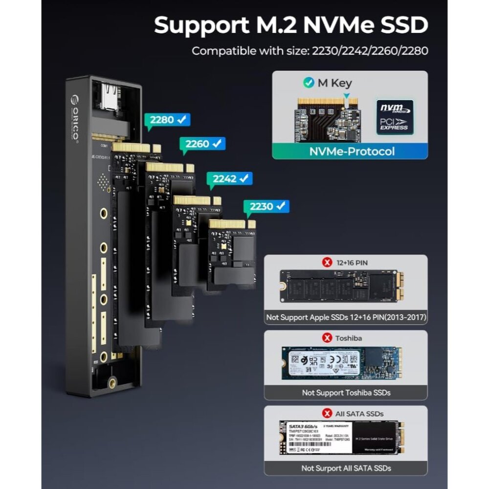 SSD Enclosure, USB 3.1 Gen 2 10 Gbps PCIe External Adapter NVMe Case for 2230/22 - Picture 3 of 9